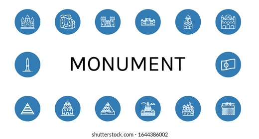 Set of monument icons. Such as Castle, Stonehenge, Fortress, Palace, Kremlin, Cairo citadel, Pyramid, Great sphinx of giza, Pyramids, Capitol, Cathedral of saint basil , monument icons
