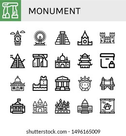 Set of monument icons such as Dolmen, Big ben, London eye, Mayan pyramid, Kremlin, Fortress, Pyramid, Monument, Taj mahal, Temple, Locked delivery, Belem tower, Parthenon , monument