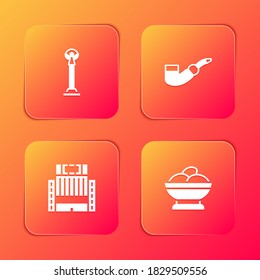 Set Monument of Independence, Smoking pipe, Hotel Ukraina building and Varenyky bowl icon. Vector.