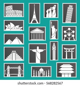 Set of monuments stamps vector icons symbols illustration