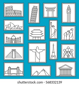 Set of monuments stamps vector line style icons symbols illustration