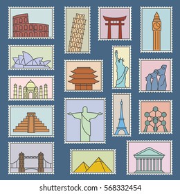 Set of monuments stamps vector line style icons symbols illustration