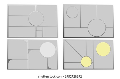 Set of mood boards, layouts, templates for creating presentations, whiteboards, collages isolated on white background. Strict composition, minimalist style. Substrate simulates metal surface. Vector.