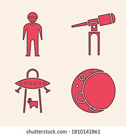 Set Moon, Alien, Telescope and UFO abducts cow icon. Vector