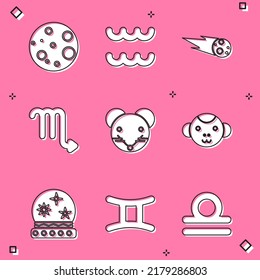 Set Moon, Aquarius Zodiac, Comet Falling Down Fast, Scorpio, Rat, Monkey, Magic Ball And Gemini Icon. Vector