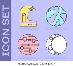 Set Moon, Astronaut helmet, Planet Mars and Planet icon. Vector