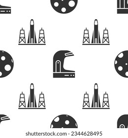 Set Moon, Astronaut helmet and Rocket launch from the spaceport on seamless pattern. Vector