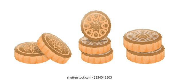 set of Moon cake Chinese mid autumn festival food watercolor on white blackground vector illustration