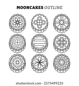 Set of Moon cakes outline collection with line art style, various patterns for Mid Autumn festival , Traditional Asian oriental and floral ornaments, sweet traditional dessert food. vector collection