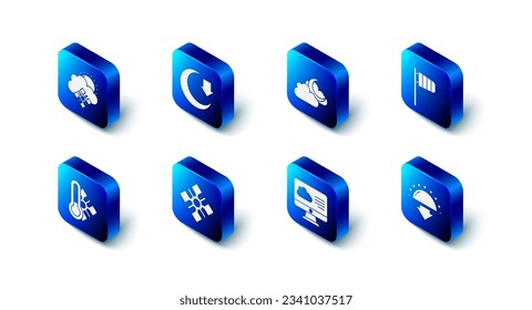 Set Moon, Cloud with moon, Cone windsock wind vane, Sunset, Weather forecast, Snowflake, Meteorology thermometer and snow and sun icon. Vector