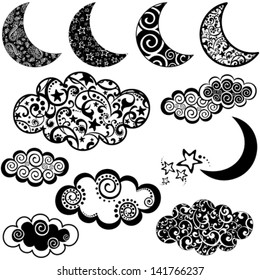 Set of moon and cloud icons isolated on white background. Vector illustration