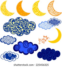 Set of moon and cloud icons isolated on white background. Vector illustration 