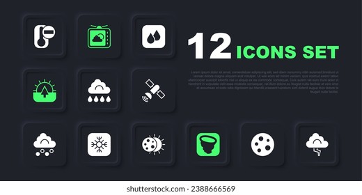Set Moon, Cloud and lightning, with rain, Tornado, Sunrise, Snowflake, Weather forecast and Eclipse of sun icon. Vector