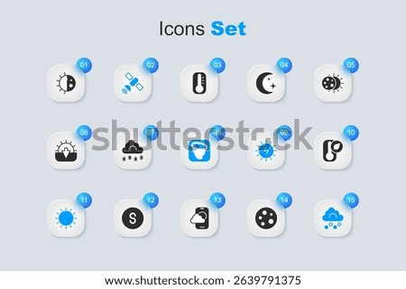 Set Moon, Cloud with snow, Satellite, Sun, Hail cloud, Thermometer, Day night cycle and Tornado icon. Vector