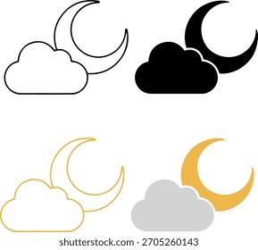 Set of moon and cloud weather icons in outline and flat vector style