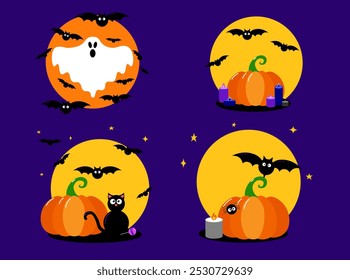 Set of moon  compositions vector illustrations with pumpkins, candles, bats, ghost and black cat. Halloween background, sticker, poster, flat style postcard.
