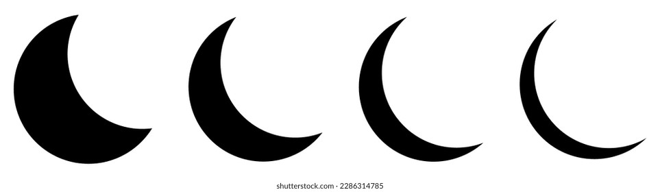 Juego de iconos de la luna creciente. Diferentes formas de luna. Ilustración del vector aislada en fondo blanco