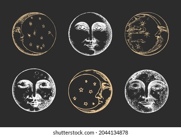 Set of Moon and Crescent on black background, drawings in engraving style. Graphic retro illustrations in vector. Vintage pastiche of esoteric and occult sign.