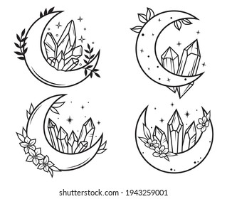 Set Of Moon With Crystals. Collection Of Crescent Moon With Stars And Flower. Magical Crystals. Witchy. Mystical Nature. Vector Illustration Of Boho Moon  On White Background.