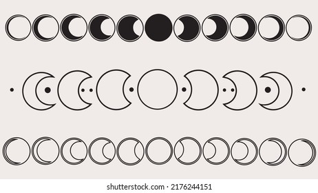 Conjunto de ciclos lunares. Diferentes fases de la luna. colección de arte vectorial. Conjunto de luna de línea negra.