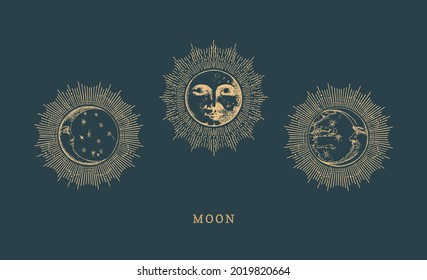 Set of Moon drawings with halo in engraving style. Crescent graphic retro illustrations in vector. Vintage pastiche of esoteric and occult sign.