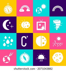 Set Moon, Dürre, Tornado, Erde Globus und Sonne, Eclipse of the, Sterne, Compass und Wetter Vorhersagen Symbol. Vektorgrafik