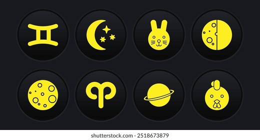 Luna, Eclipse del sol, Aries zodiac, Planeta Saturno, Conejo, y estrellas, Gallo y Géminis icono. Vector