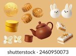 A Set of Moon Festival food 3D Vector Items: Moon, Osmanthus, Osmanthus Jelly, Mooncake, Bunny Rice Cake, Gift, Teapot