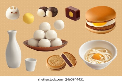 A Set of Moon Festival food 3D Vector Items: Yōkan, Monaka, Tsukimi Burger, Tsukimi Udon, Tsukimi Danko, Seisyu, Bunny Rice Cake