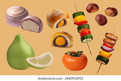 A Set of Moon Festival food 3D Vector Items: Pomelo, Persimmon, Taro Pastry, Chestnut, Yolk Pastry, Barbecue