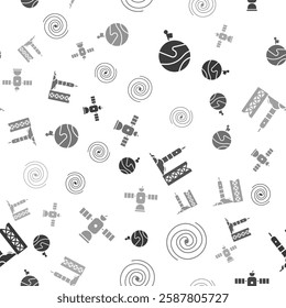 Set Moon with flag, Black hole, Rocket launch from the spaceport and Satellite on seamless pattern. Vector