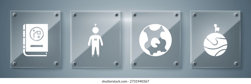 Set Moon with flag, Earth globe, Astronaut and Book by astronomy. Square glass panels. Vector
