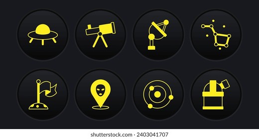 Set Moon mit Fahne, Great Bären Konstellation, Alien, Sonnensystem, Satellitenschüssel, Teleskop, Astronomische Sternwarte und UFO fliegenden Raumschiff Symbol. Vektorgrafik