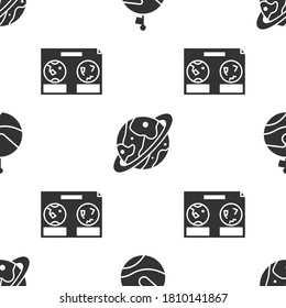 Set Moon with flag, Planet Saturn and Celestial map of the night sky on seamless pattern. Vector