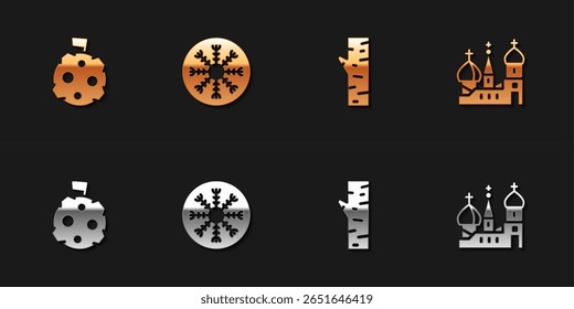 Set Moon with flag, Snowflake, Birch tree and Saint Basil's Cathedral icon. Vector