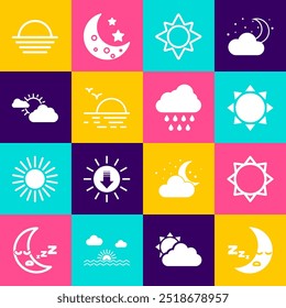 Set Moon icon, Sun, Sunset, and cloud weather,  and Cloud with rain icon. Vector