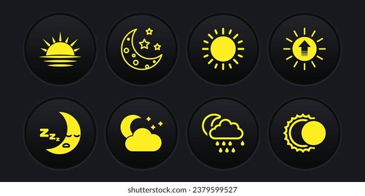 Set Moon icon, Sunset, Cloud with moon and stars, rain, Eclipse of the sun and  icon. Vector