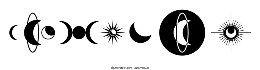 Set of moon icons. Black moon for astrology, tarot, esoteric, magic and mystic. Vector illustration isolated on white background. EPS 10