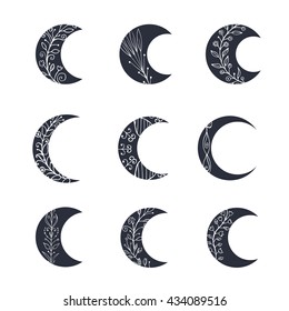 Set of moon icons with floral elements isolated on white background. Vector illustration