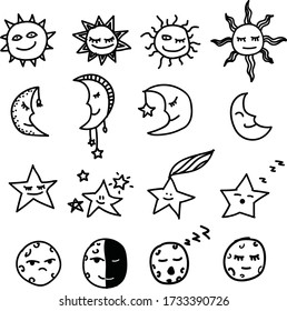 A Set of moon icons suitable for any moon, night and nature theme content with doodle cartoon style