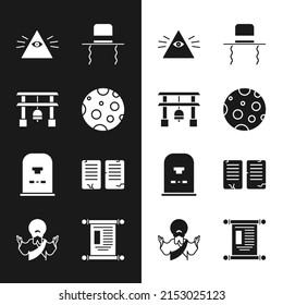 Set Moon, Japan Gate, Masons, Orthodox jewish hat with sidelocks, Tombstone RIP written, The commandments, Decree, paper, parchment, scroll and Jesus Christ icon. Vector