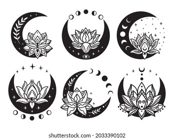 Set of moon lotus. Collection of silhouette of lotus flower with phases of the moon. Meditation. Yoga symbol. Vector illustration isolated on white background.
