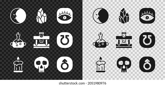 Set Moon, Magic stone, Masons, Burning candle, Skull, Mars, Poison bottle and Bottle with potion icon. Vector