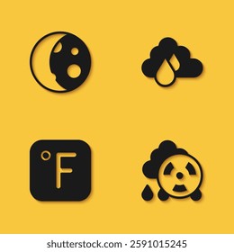 Set Moon phases, Acid rain radioactive cloud, Fahrenheit and Cloud with icon with long shadow. Vector