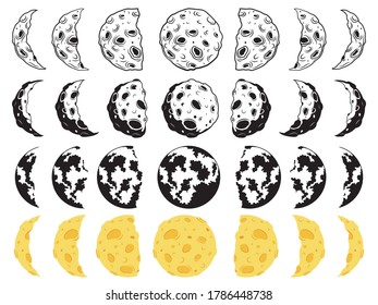 Set of moon phases. Collection of changing lunar cycle. Astronomy. Cosmic body. Vector illustration of a satellite of the earth. Drawing for children.