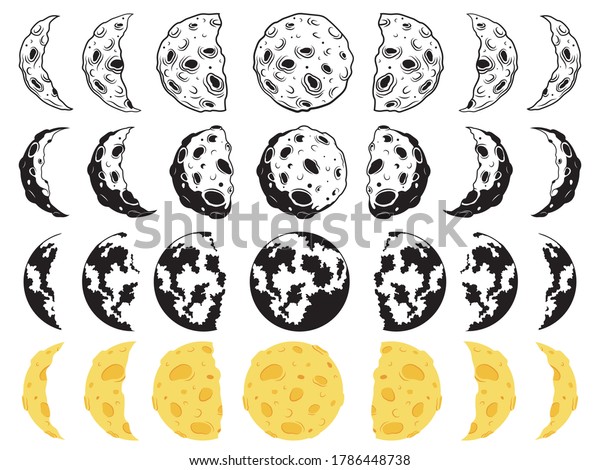 Set of moon phases. Collection of\
changing lunar cycle. Astronomy. Cosmic body. Vector illustration\
of a satellite of the earth. Drawing for\
children.