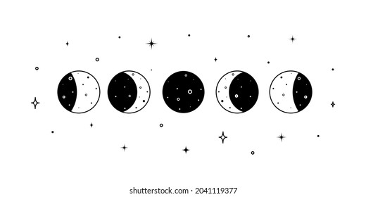 Set of Moon phases. Crescent, new, full, surface and eclipse. Astronomy cycle of satellite on the white background. Vector Illustration