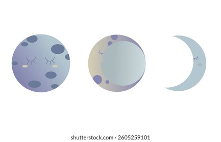 Set of moon phases on white background. Night sky. Vector illustration of starry sky with different moon shapes in pastel colors in cartoon style.