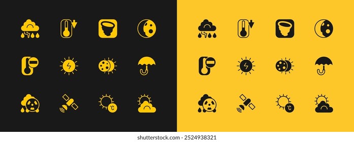 Conjunto de fases de la Luna, Satélite, Eclipse del sol, Sol, Panel de energía solar, Tornado, Nube y relámpagos e icono de termómetro. Vector