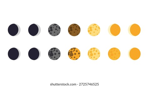 Conjunto de fases lunares mostrando as transições de lua cheia para nova com várias texturas de superfície e crateras para temas astronômicos e espaciais.